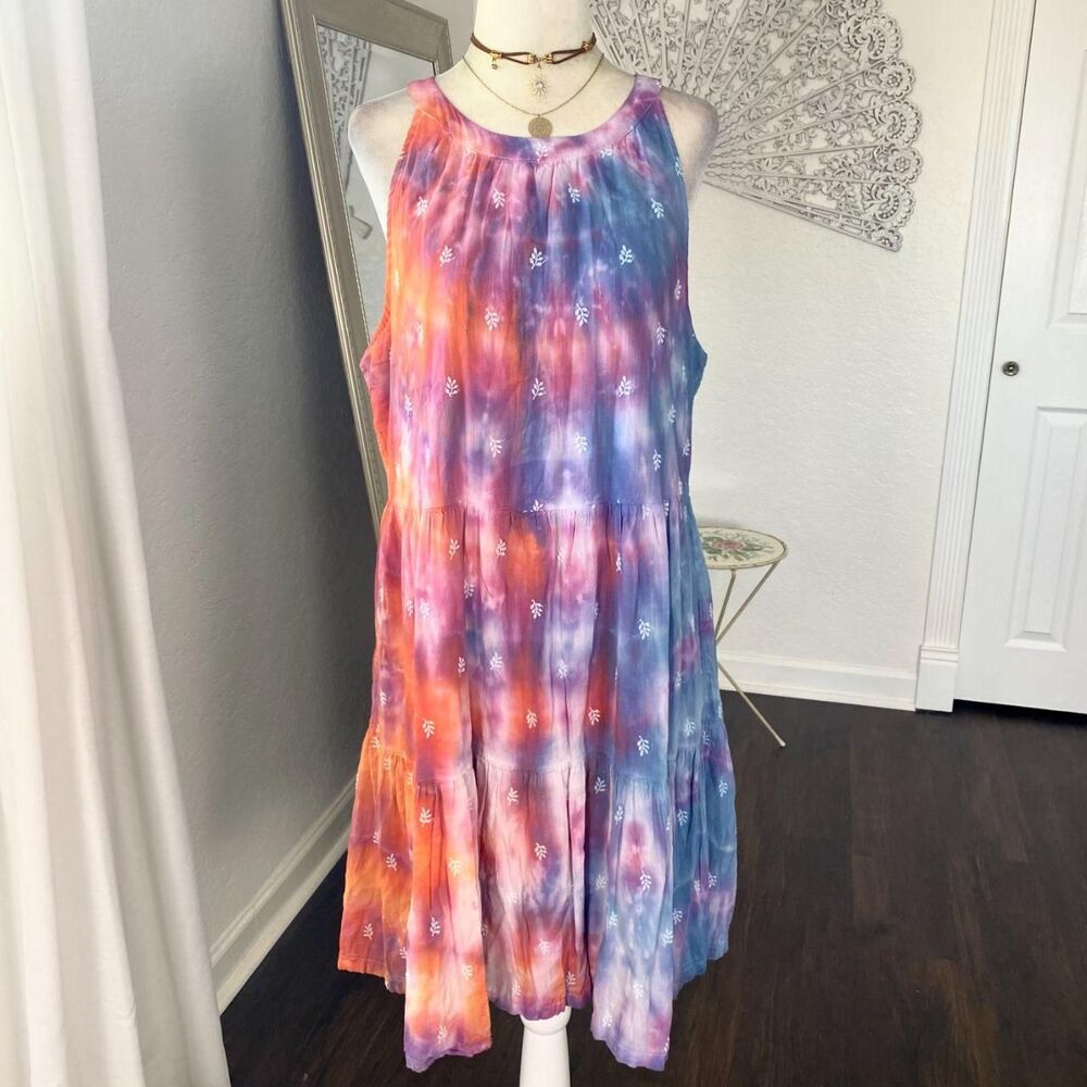 Early 2000's Floral 100% Cotton Orange Pink Purple Tie Die Babydoll Dress L - Picture 1 of 7